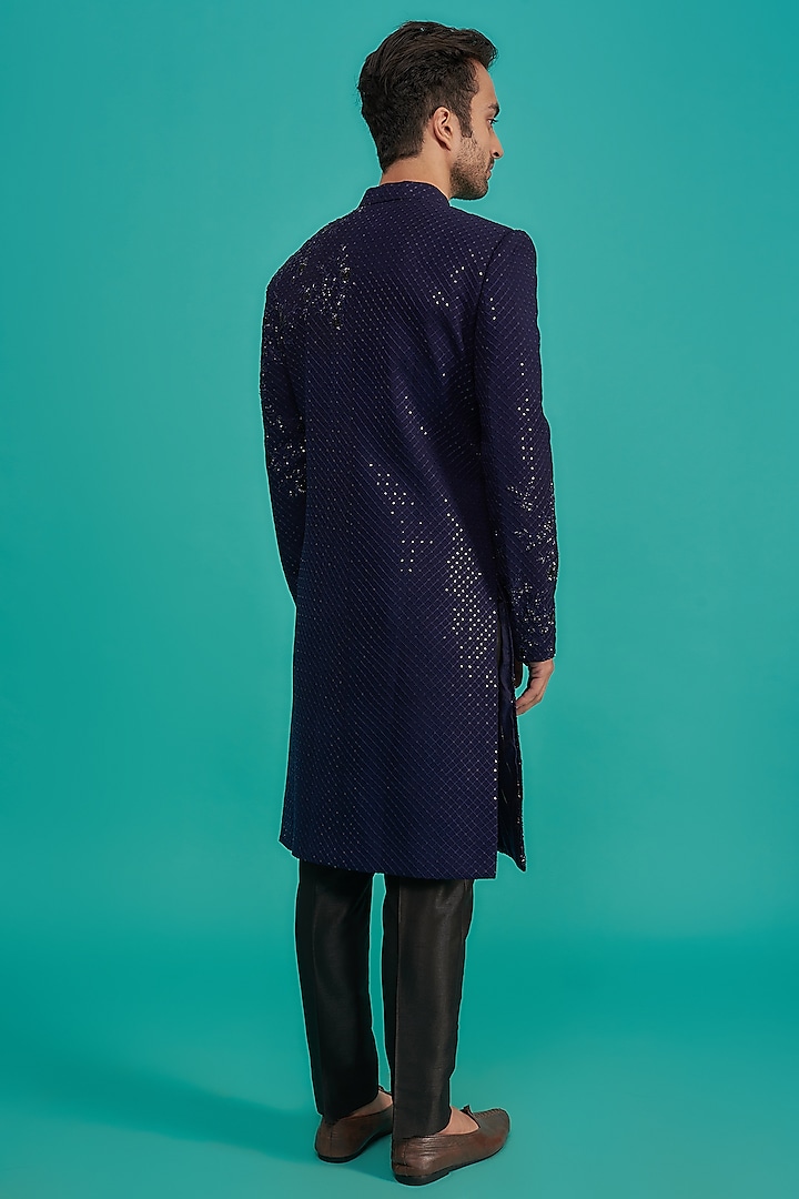 Midnight Blue Georgette Sequins Embroidered Groom Sherwani Set by Sawan Gandhi Men at Pernia's Pop Up Shop