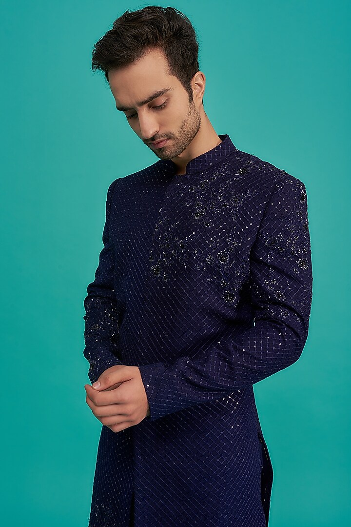 Midnight Blue Georgette Sequins Embroidered Groom Sherwani Set by Sawan Gandhi Men at Pernia's Pop Up Shop