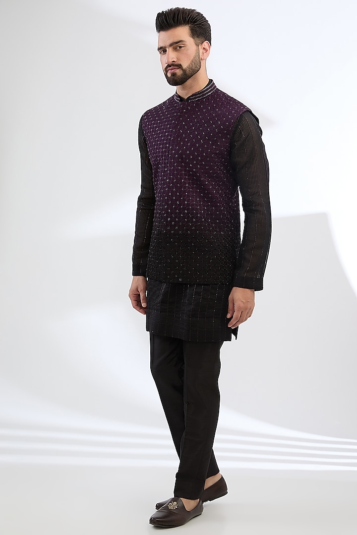 Wine & Black Georgette Cutdana Embroidered Nehru Jacket Set by Sawan Gandhi Men at Pernia's Pop Up Shop