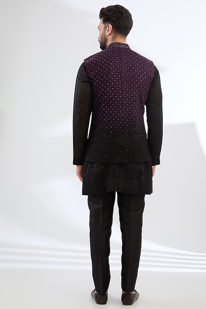 Wine & Black Georgette Cutdana Embroidered Nehru Jacket Set by Sawan Gandhi Men at Pernia's Pop Up Shop