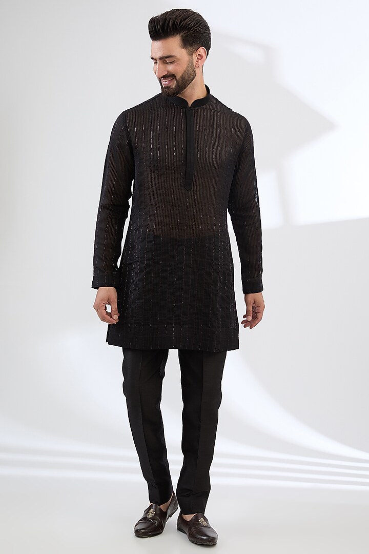 Wine & Black Georgette Cutdana Embroidered Nehru Jacket Set by Sawan Gandhi Men at Pernia's Pop Up Shop