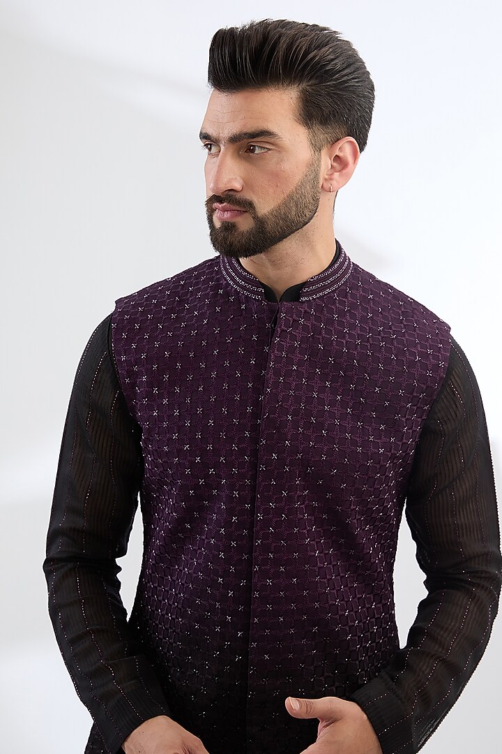 Wine & Black Georgette Cutdana Embroidered Nehru Jacket Set by Sawan Gandhi Men at Pernia's Pop Up Shop