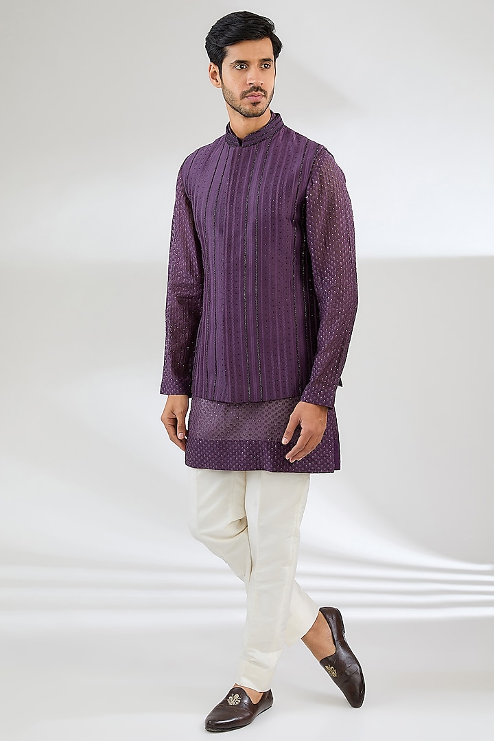 Purple Georgette Swarovski Embroidered Nehru Jacket Set by Sawan Gandhi Men