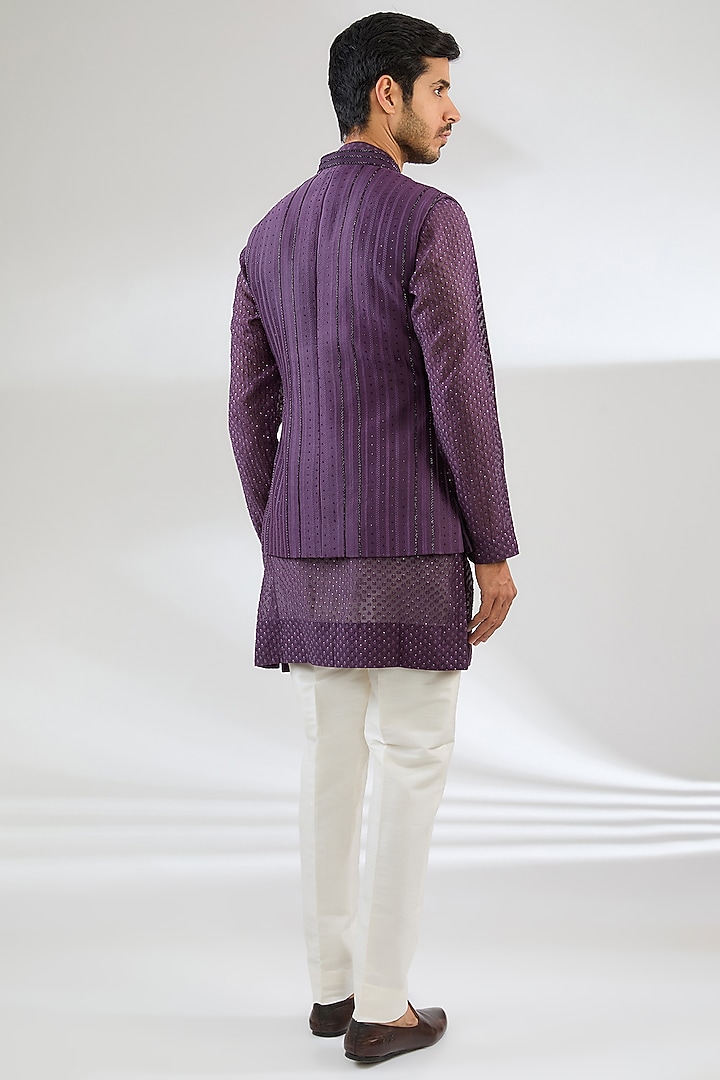 Purple Georgette Swarovski Embroidered Nehru Jacket Set by Sawan Gandhi Men at Pernia's Pop Up Shop
