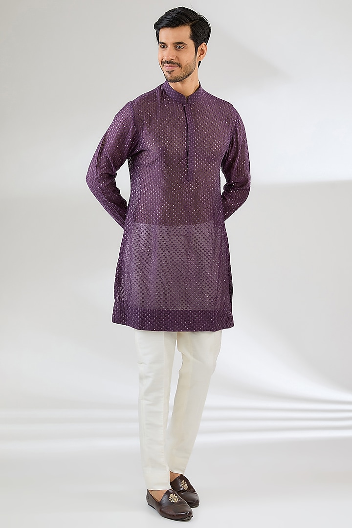 Purple Georgette Swarovski Embroidered Nehru Jacket Set by Sawan Gandhi Men at Pernia's Pop Up Shop