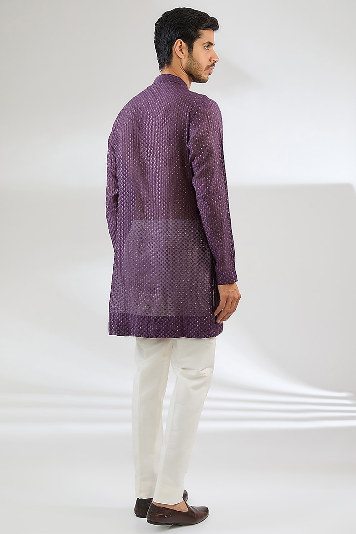 Purple Georgette Swarovski Embroidered Nehru Jacket Set by Sawan Gandhi Men at Pernia's Pop Up Shop