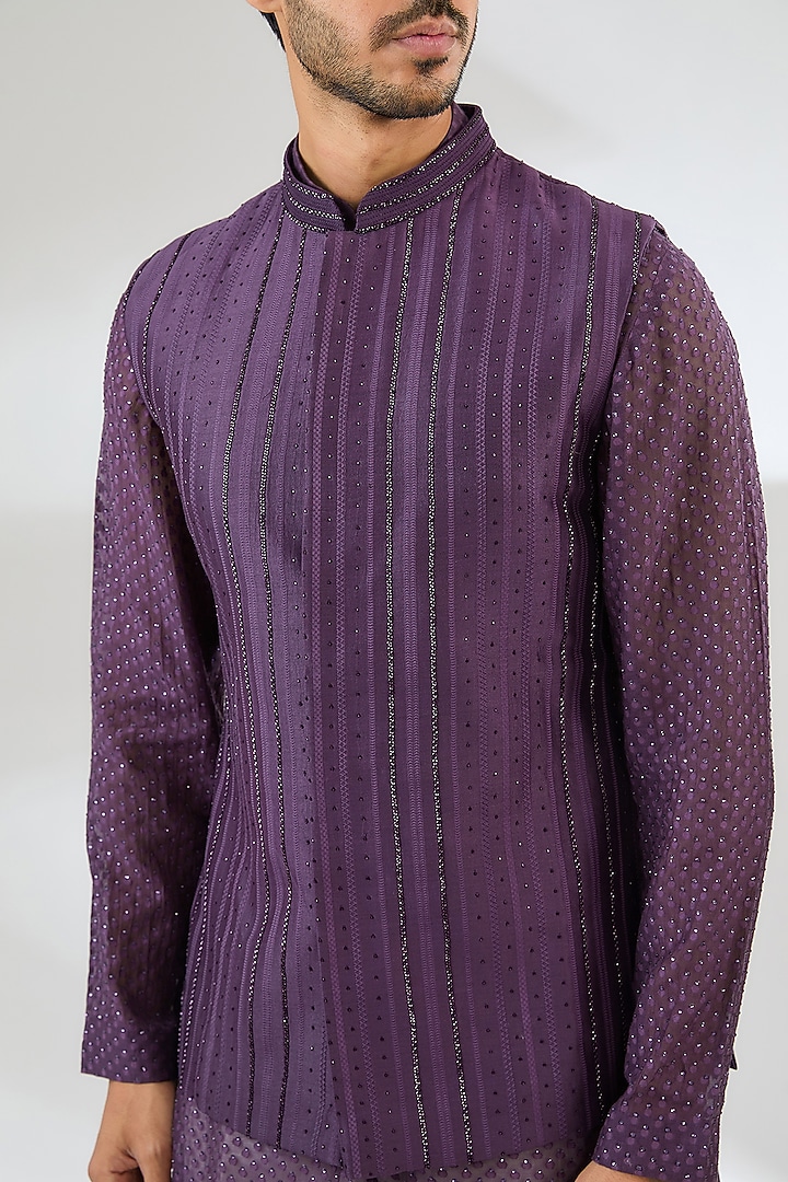 Purple Georgette Swarovski Embroidered Nehru Jacket Set by Sawan Gandhi Men at Pernia's Pop Up Shop