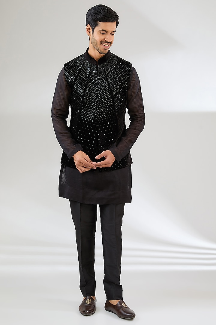 Black Georgette Swarovski Embroidered Nehru Jacket Set by Sawan Gandhi Men