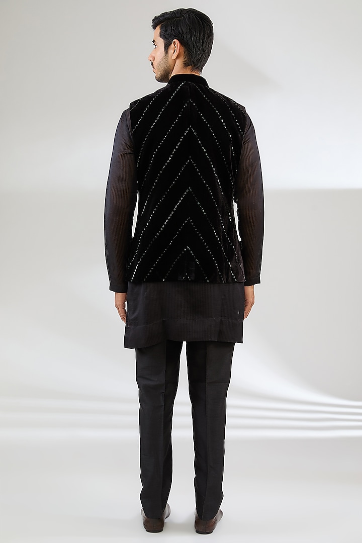 Black Georgette Swarovski Embroidered Nehru Jacket Set by Sawan Gandhi Men at Pernia's Pop Up Shop