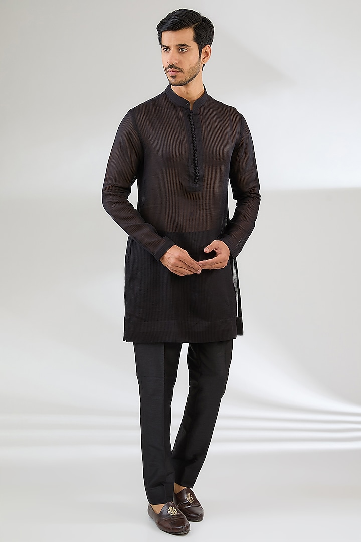 Black Georgette Swarovski Embroidered Nehru Jacket Set by Sawan Gandhi Men at Pernia's Pop Up Shop