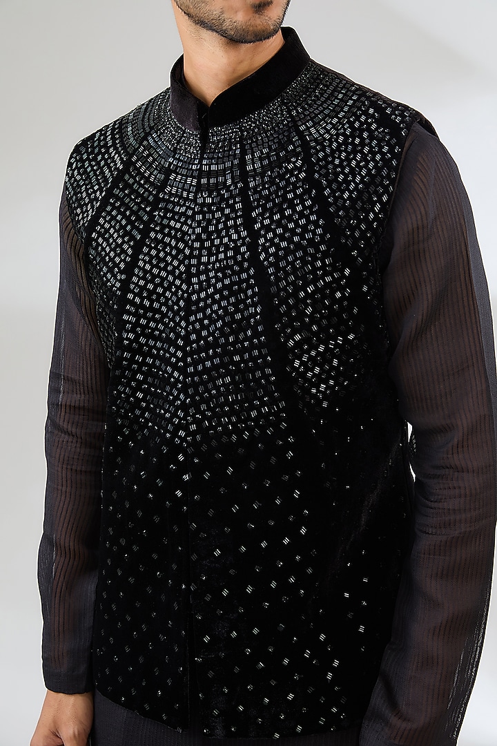 Black Georgette Swarovski Embroidered Nehru Jacket Set by Sawan Gandhi Men at Pernia's Pop Up Shop