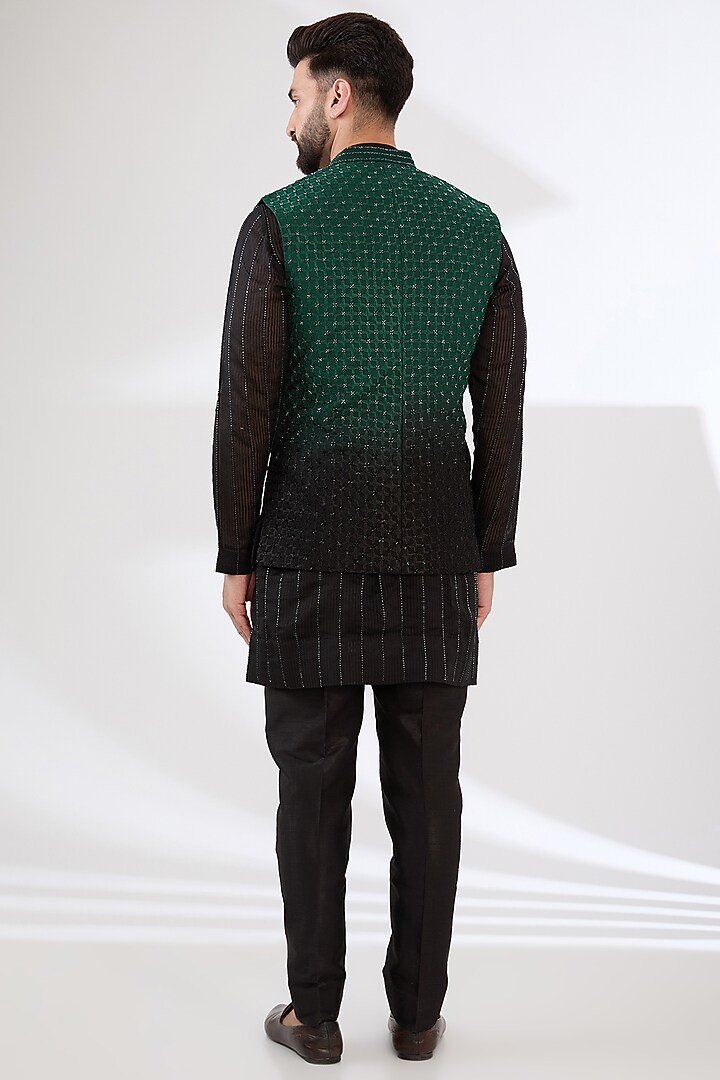 Black & Bottle Green Chanderi Silk Cutdana Embroidered Nehru Jacket Set by Sawan Gandhi Men at Pernia's Pop Up Shop