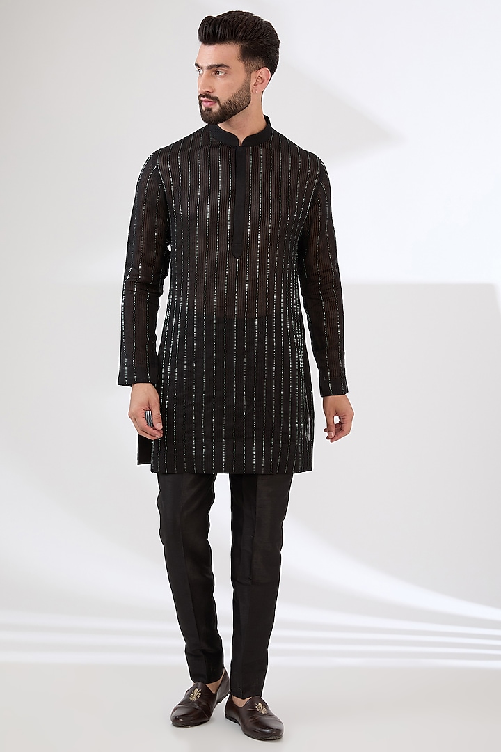 Black & Bottle Green Chanderi Silk Cutdana Embroidered Nehru Jacket Set by Sawan Gandhi Men at Pernia's Pop Up Shop