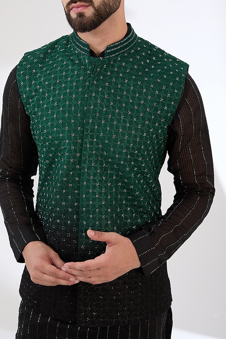 Black & Bottle Green Chanderi Silk Cutdana Embroidered Nehru Jacket Set by Sawan Gandhi Men at Pernia's Pop Up Shop