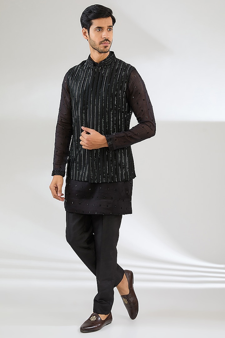 Black Georgette Swarovski Embroidered Nehru Jacket Set by Sawan Gandhi Men