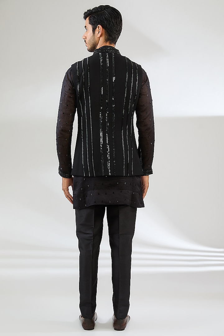 Black Georgette Swarovski Embroidered Nehru Jacket Set by Sawan Gandhi Men at Pernia's Pop Up Shop