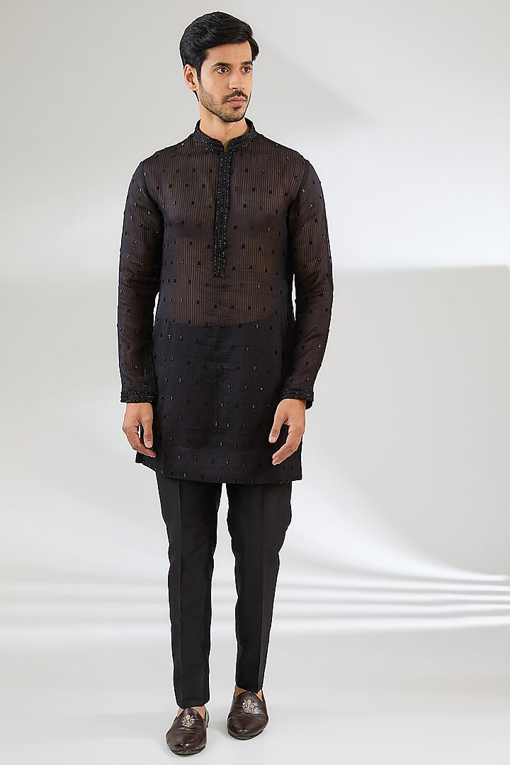 Black Georgette Swarovski Embroidered Nehru Jacket Set by Sawan Gandhi Men at Pernia's Pop Up Shop