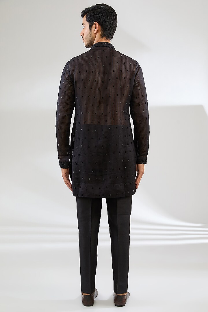 Black Georgette Swarovski Embroidered Nehru Jacket Set by Sawan Gandhi Men at Pernia's Pop Up Shop