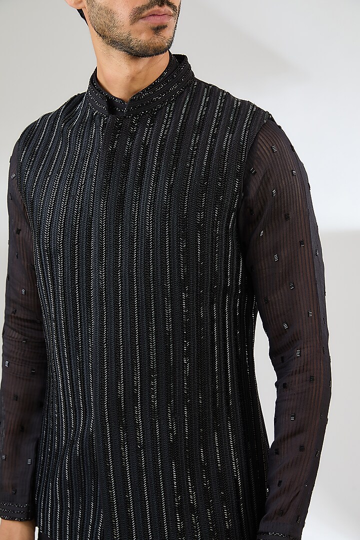 Black Georgette Swarovski Embroidered Nehru Jacket Set by Sawan Gandhi Men at Pernia's Pop Up Shop
