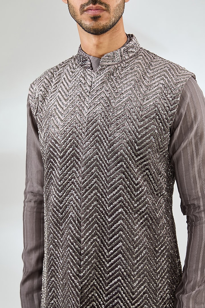 Mauve Georgette Swarovski Embroidered Nehru Jacket Set by Sawan Gandhi Men at Pernia's Pop Up Shop