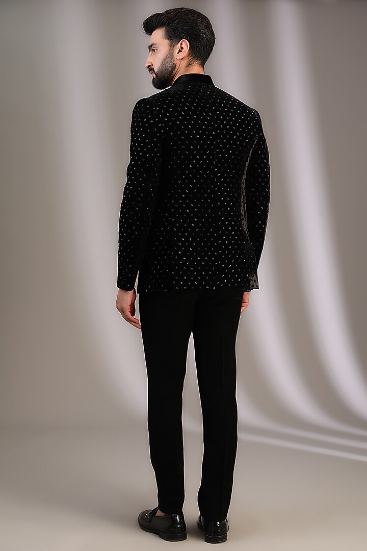 Black Velvet Cutdana Embroidered Bandhgala Set by Sawan Gandhi Men at Pernia's Pop Up Shop