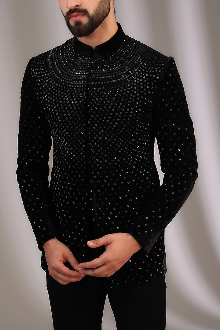Black Velvet Cutdana Embroidered Bandhgala Set by Sawan Gandhi Men at Pernia's Pop Up Shop