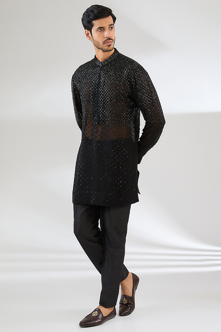 Black Georgette Embroidered Kurta Set by Sawan Gandhi Men at Pernia's Pop Up Shop