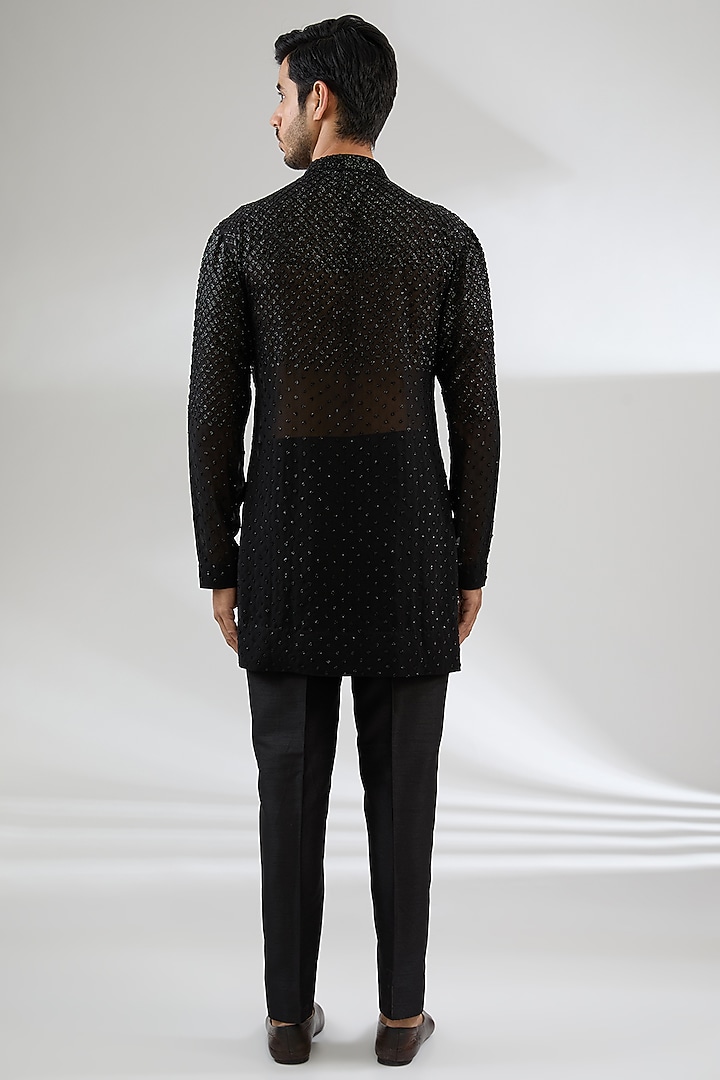 Black Georgette Embroidered Kurta Set by Sawan Gandhi Men at Pernia's Pop Up Shop