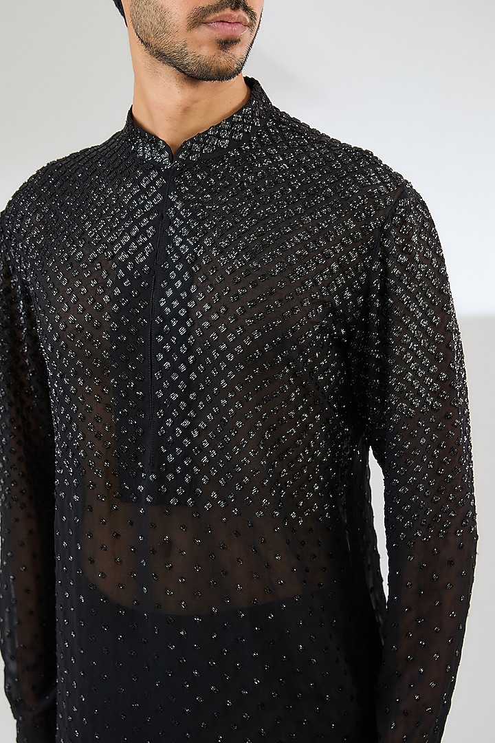 Black Georgette Embroidered Kurta Set by Sawan Gandhi Men at Pernia's Pop Up Shop