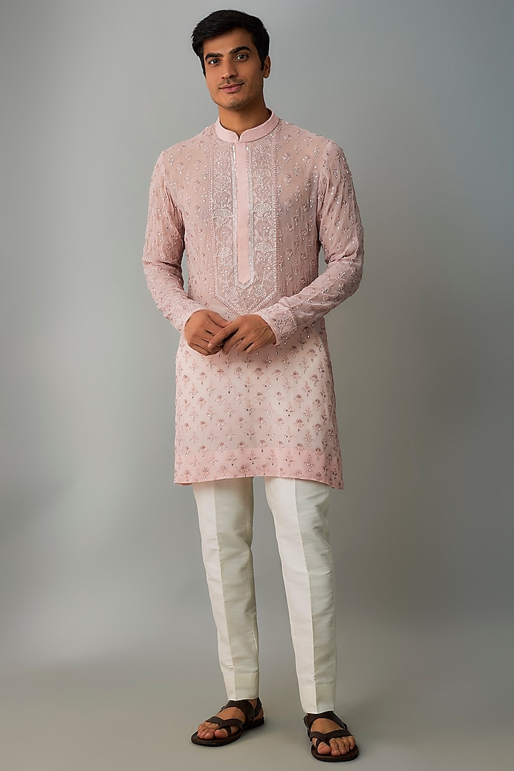 Peach Georgette Embroidered Kurta Set by Sawan Gandhi Men at Pernia's Pop Up Shop