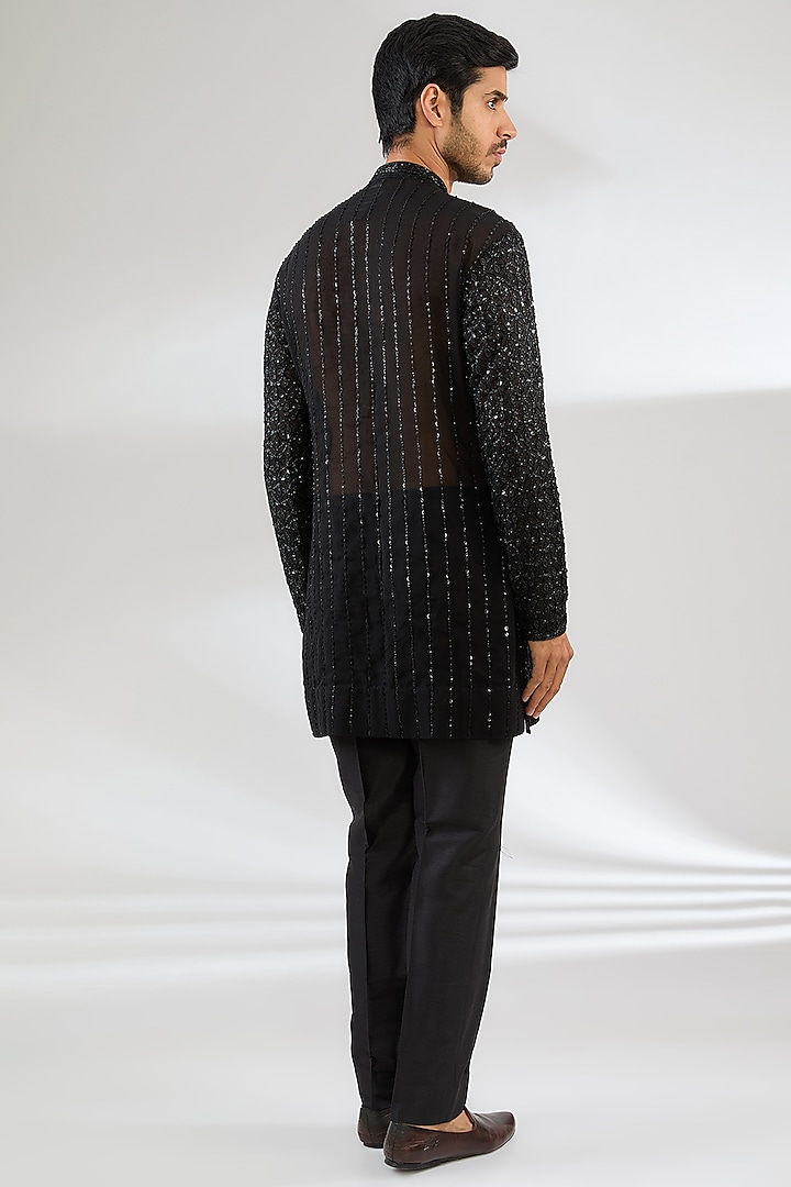 Black Georgette Embroidered Kurta Set by Sawan Gandhi Men at Pernia's Pop Up Shop