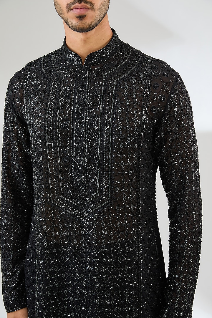 Black Georgette Embroidered Kurta Set by Sawan Gandhi Men at Pernia's Pop Up Shop