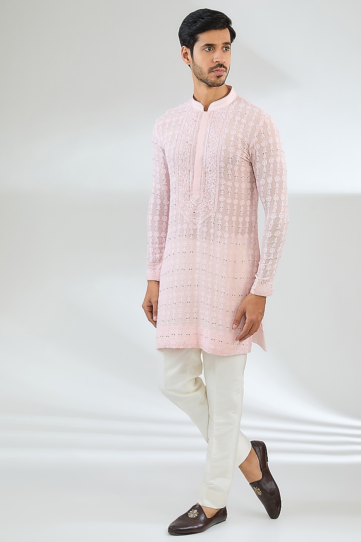 Peach Georgette Embroidered Kurta Set by Sawan Gandhi Men