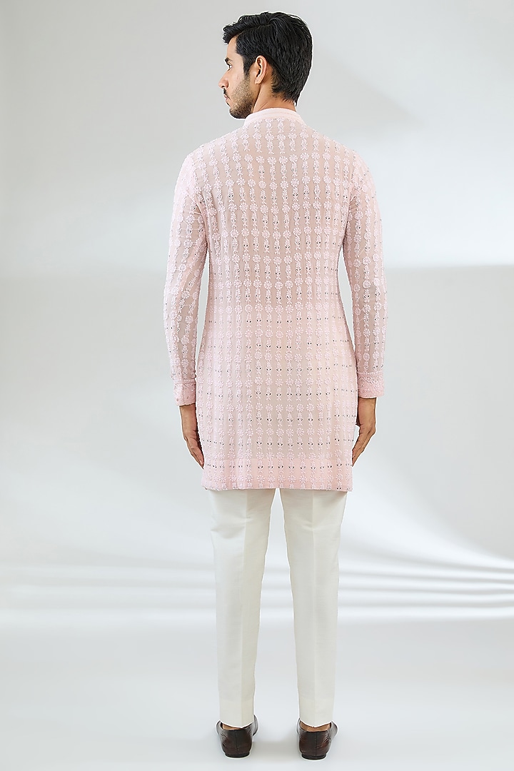Peach Georgette Embroidered Kurta Set by Sawan Gandhi Men at Pernia's Pop Up Shop