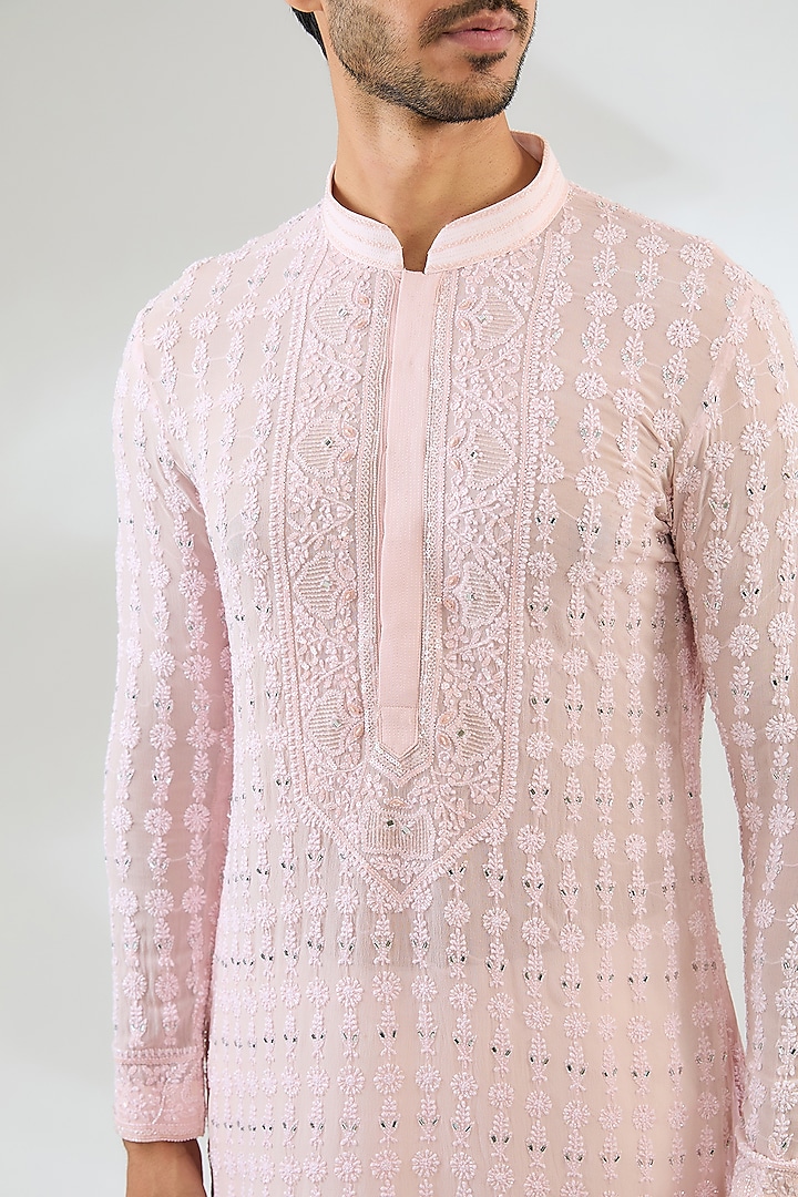 Peach Georgette Embroidered Kurta Set by Sawan Gandhi Men at Pernia's Pop Up Shop