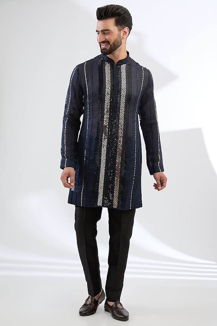 Navy Blue Ghicha Sequins Work Kurta Set by Sawan Gandhi Men at Pernia's Pop Up Shop