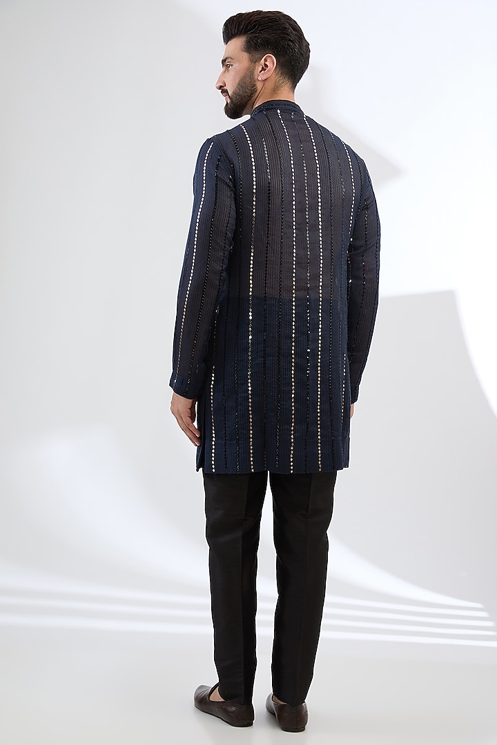 Navy Blue Ghicha Sequins Work Kurta Set by Sawan Gandhi Men at Pernia's Pop Up Shop