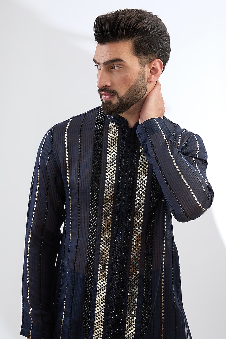 Navy Blue Ghicha Sequins Work Kurta Set by Sawan Gandhi Men at Pernia's Pop Up Shop
