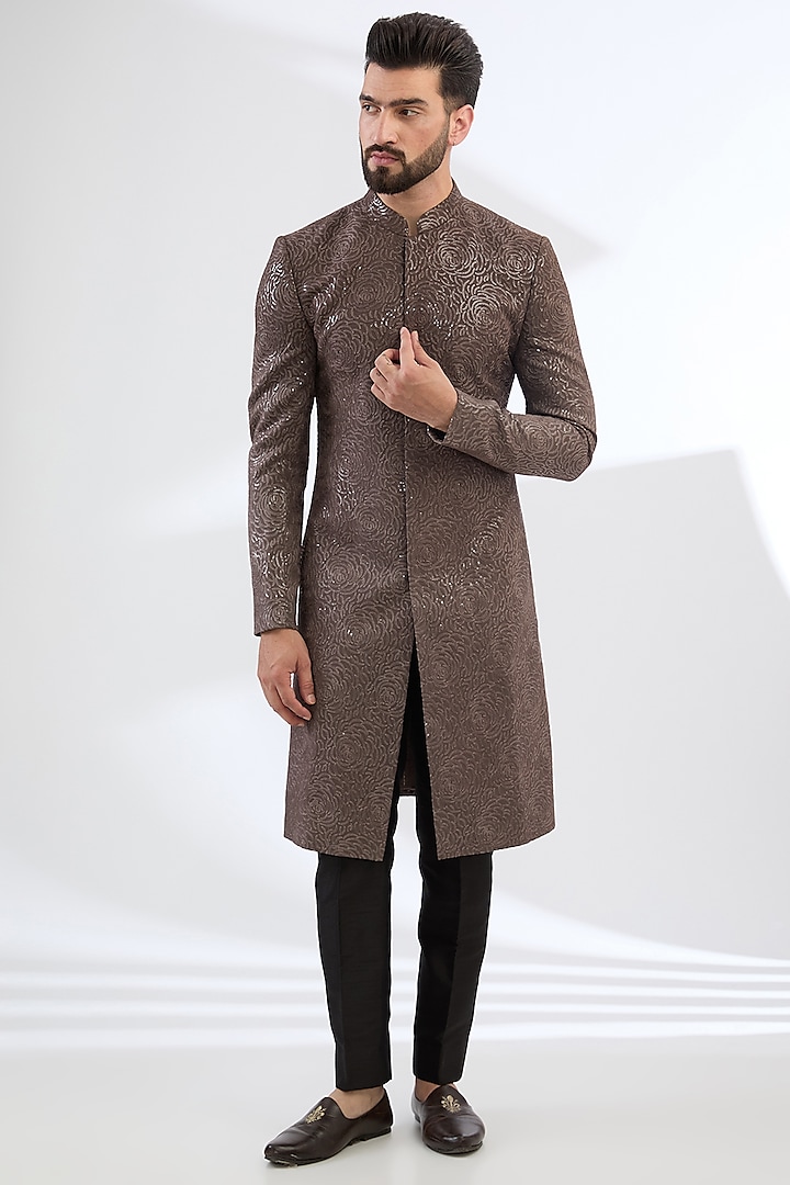 Taupe Georgette Sequins Embroidered Sherwani Set by Sawan Gandhi Men at Pernia's Pop Up Shop