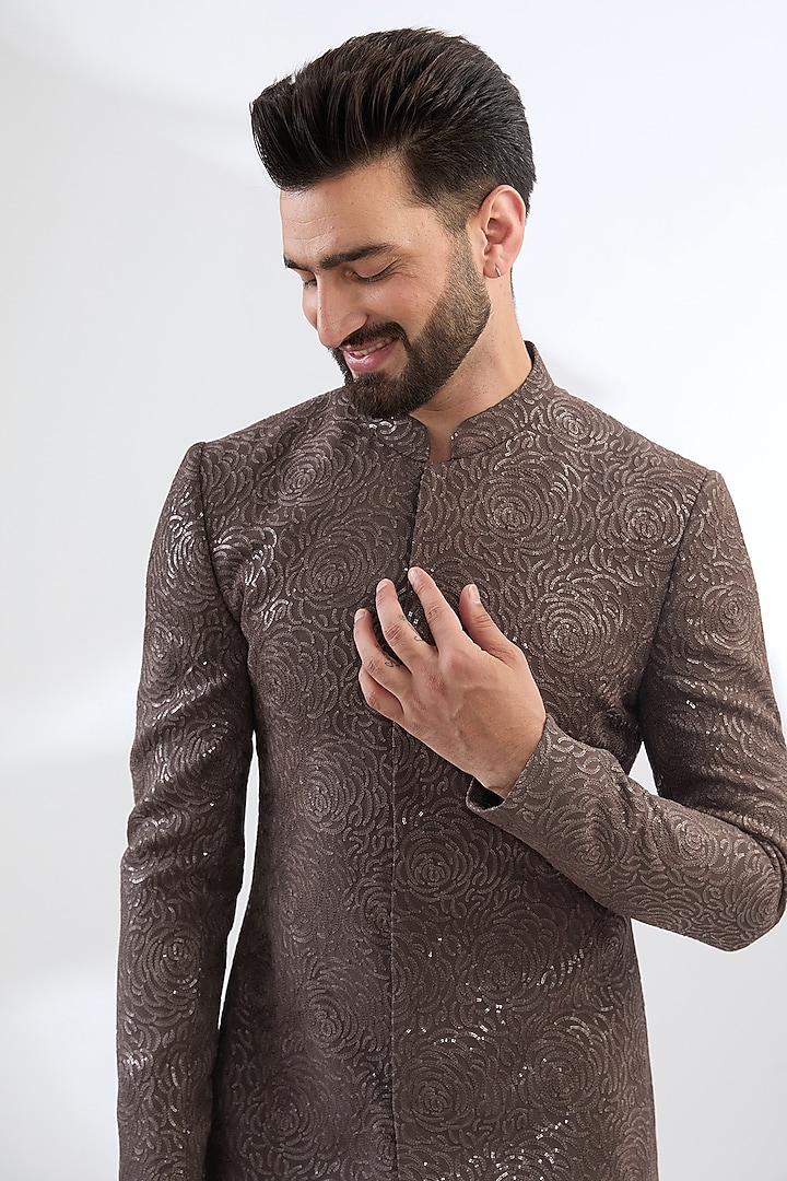 Taupe Georgette Sequins Embroidered Sherwani Set by Sawan Gandhi Men at Pernia's Pop Up Shop
