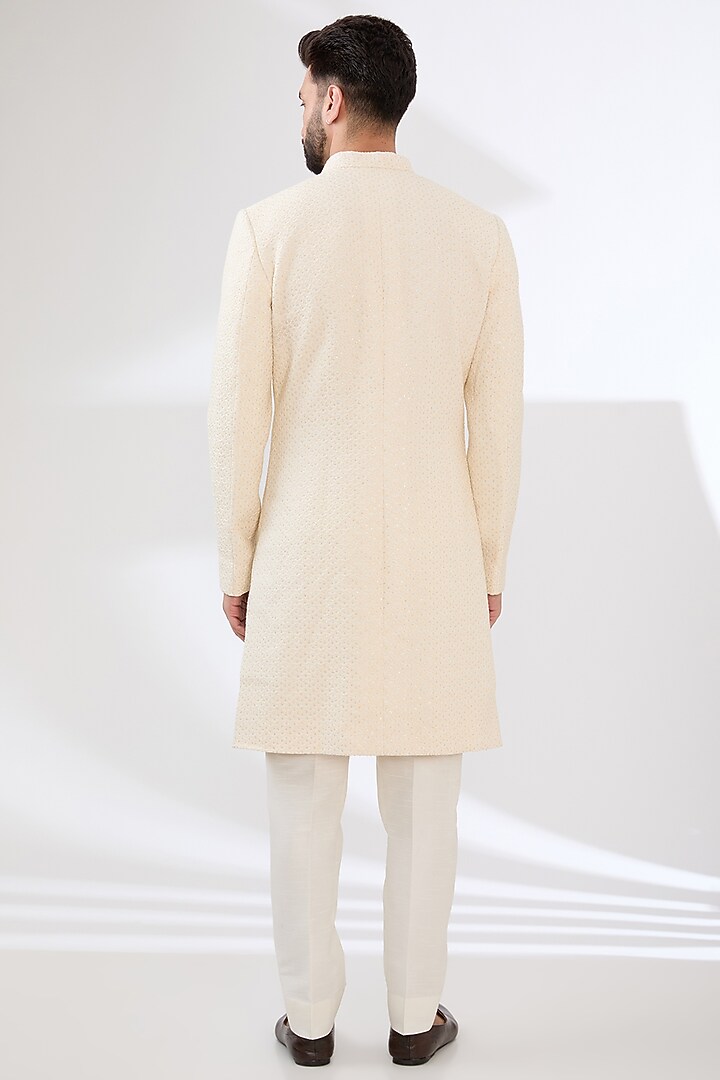 Ivory Georgette Sequins Embroidered Sherwani Set by Sawan Gandhi Men at Pernia's Pop Up Shop
