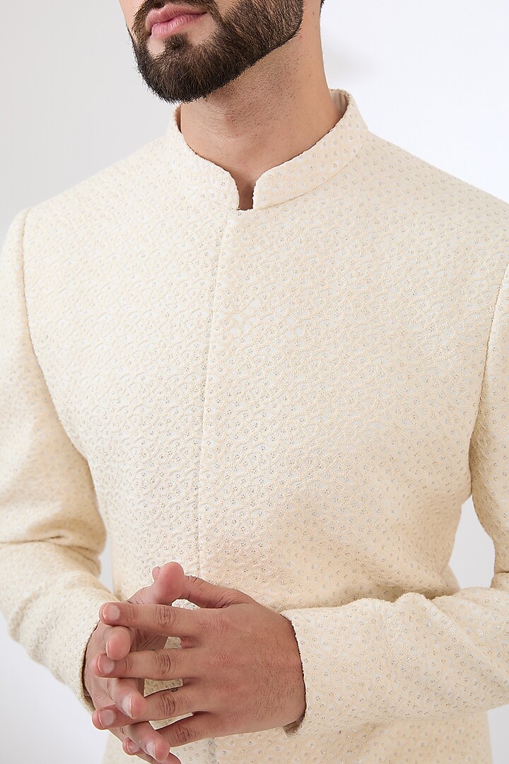 Ivory Georgette Sequins Embroidered Sherwani Set by Sawan Gandhi Men at Pernia's Pop Up Shop