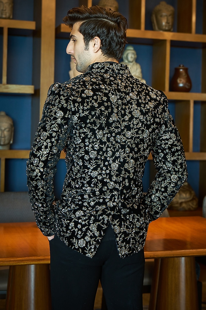 Black Velvet Cutdana Embroidered Groom Bandhgala Set by Sawan Gandhi Men at Pernia's Pop Up Shop
