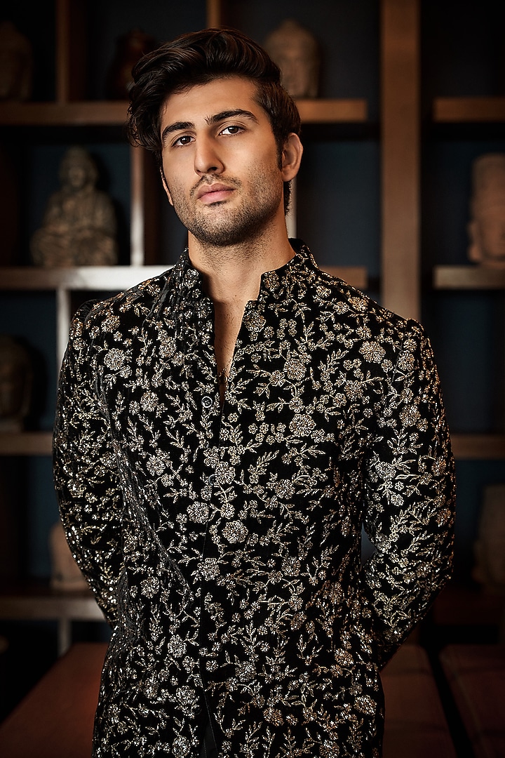 Black Velvet Cutdana Embroidered Groom Bandhgala Set by Sawan Gandhi Men at Pernia's Pop Up Shop