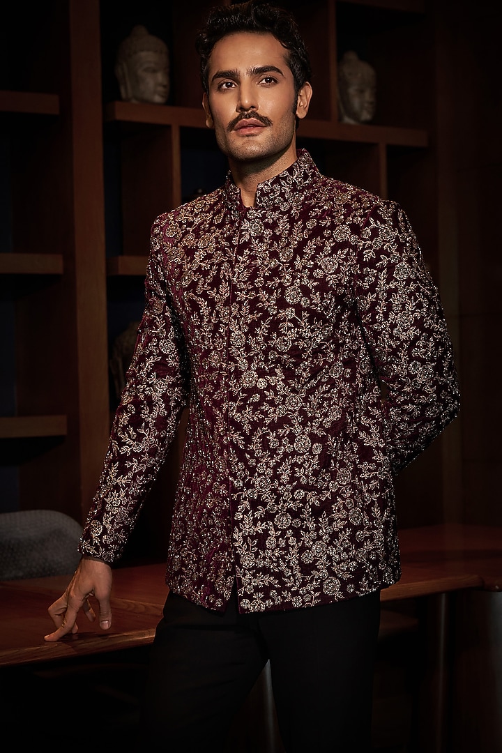 Wine Velvet Cutdana Work Groom Bandhgala Set by Sawan Gandhi Men at Pernia's Pop Up Shop