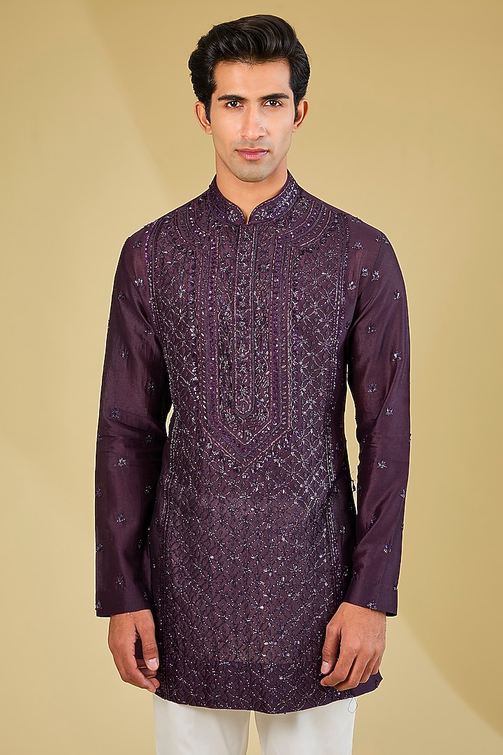 Wine Georgette Kurta by Sawan Gandhi Men