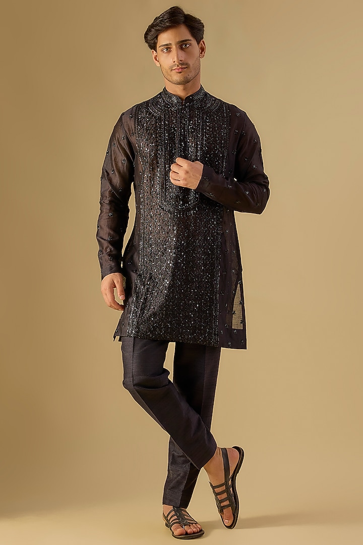 Black Georgette Kurta by Sawan Gandhi Men
