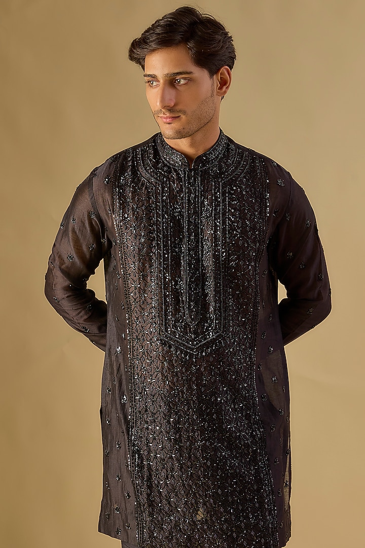 Black Georgette Kurta by Sawan Gandhi Men at Pernia's Pop Up Shop