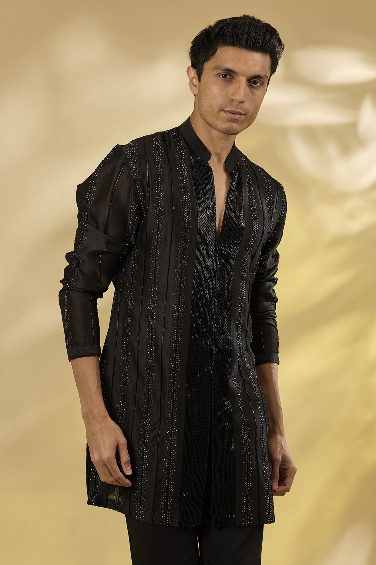 Black Georgette Cutdana & Thread Work Kurta by Sawan Gandhi Men