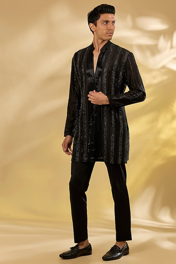 Black Georgette Cutdana & Swarovski Work Kurta by Sawan Gandhi Men at Pernia's Pop Up Shop
